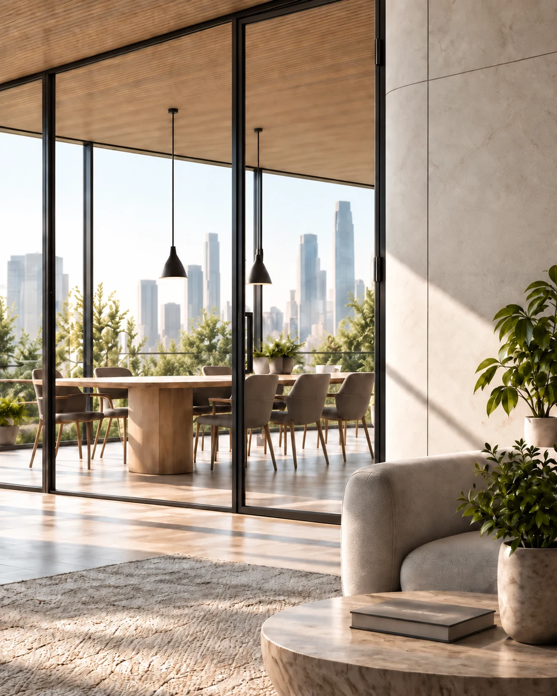 Sunlit meeting room behind a glass door, with a timber conference table and a warm stone wall
